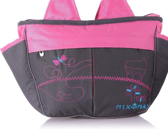 Mix & Max Leather Diaper Shoulder bag with embroidery ( Home Fushia #216 )