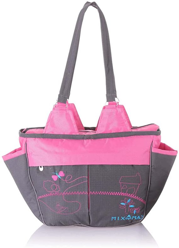 Mix & Max Leather Diaper Shoulder bag with embroidery ( Home Fushia #216 )