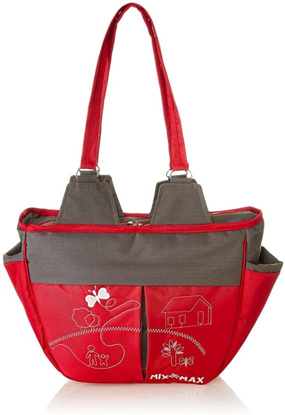 Mix & Max Leather Diaper Shoulder bag with embroidery ( Home Red #217 )