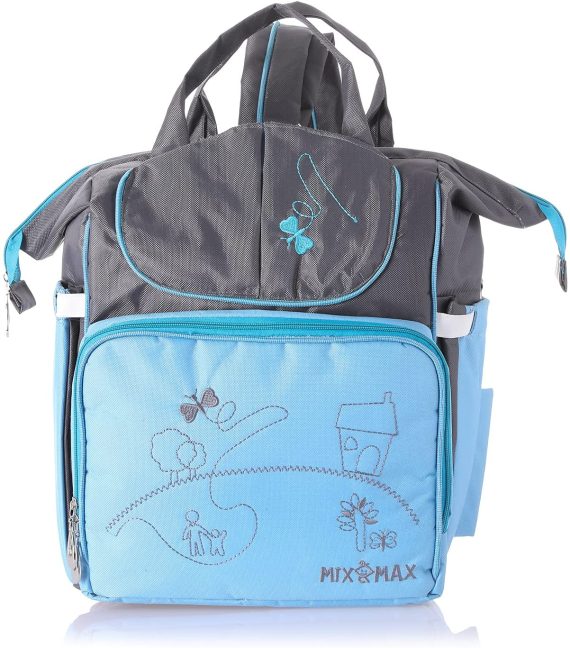 Mix & Max Leather Diaper Backpack bag with embroidery ( Home Baby Blue #247 )